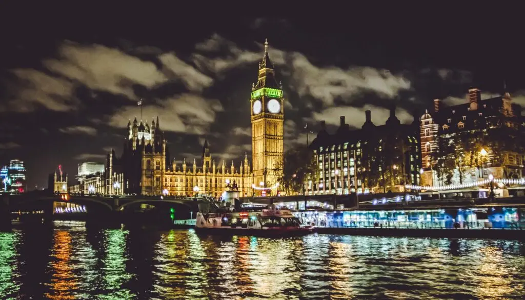 Evening River Thames cruise through illuminated London on Bonfire Night