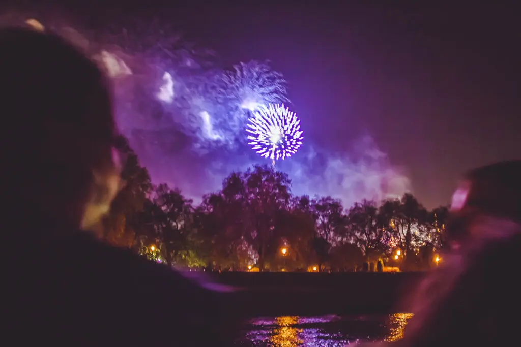 View of fireworks near Battersea Park from a Thames river cruise